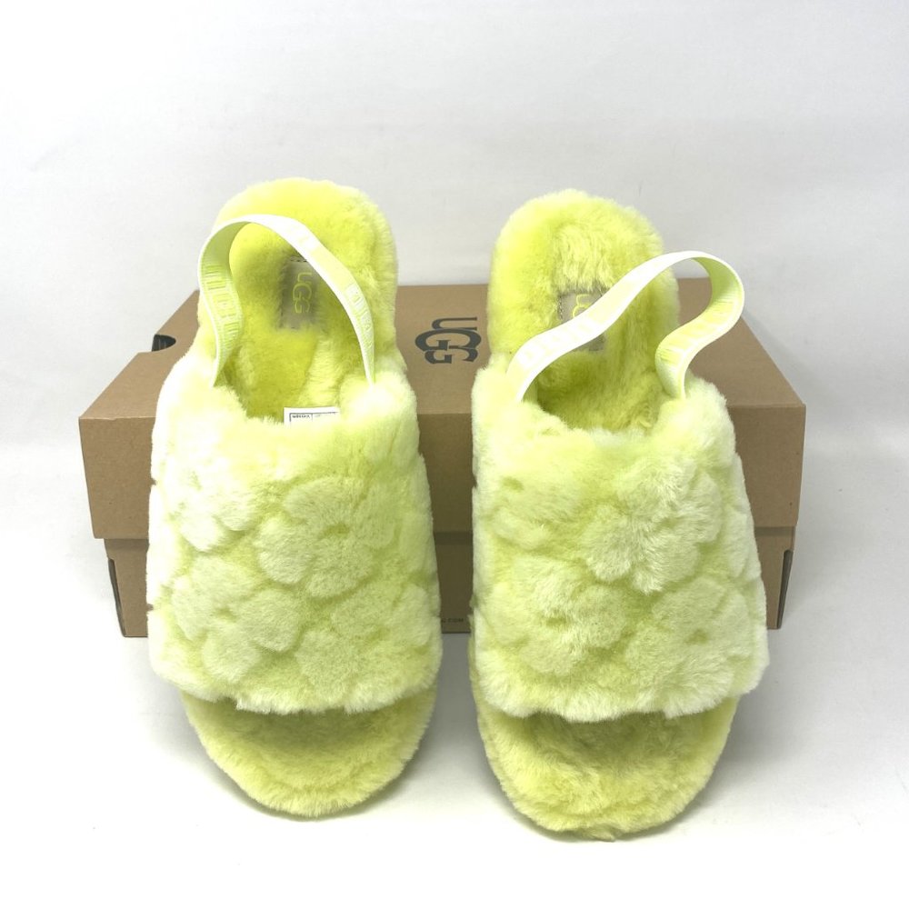 UGG Women Size 7 1118459 PLLN Fluff Yeah Poppy Yellow Pollen Fur Slides Slippers - Picture 2 of 10